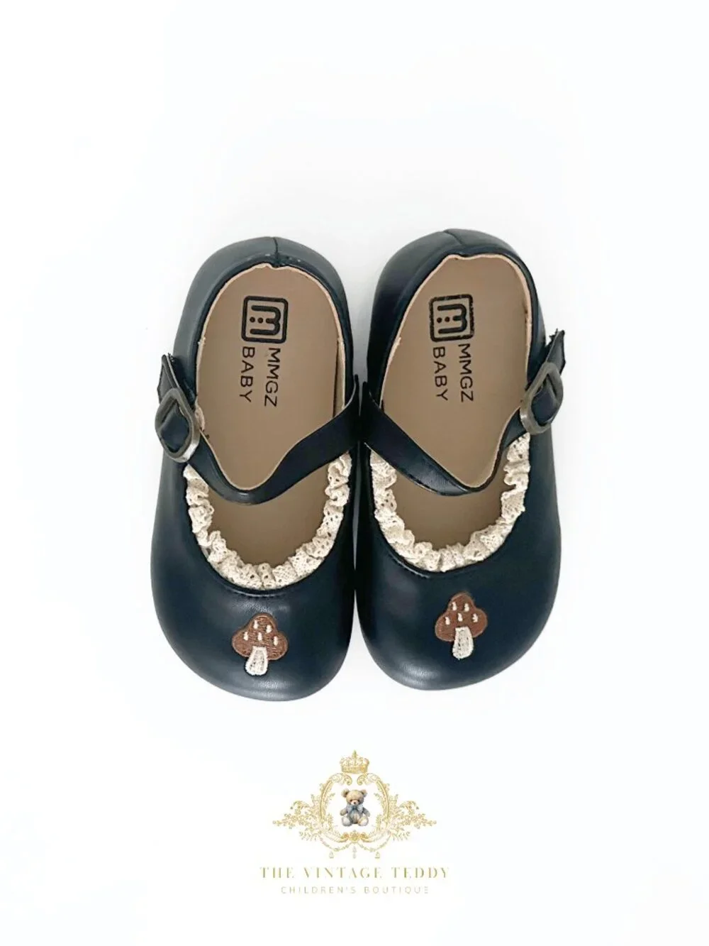 NWT Pretty Girls Embroidered Mary Jane Flats Children's Shoes Mushroom Black 8.5
